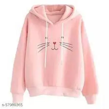 cat Print Hoodie Women Pink Sweatshirt 